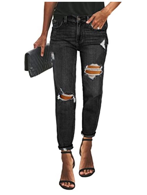 Vetinee Women's High Rise Destroyed Boyfriend Jeans Washed Distressed Ripped Denim Pants