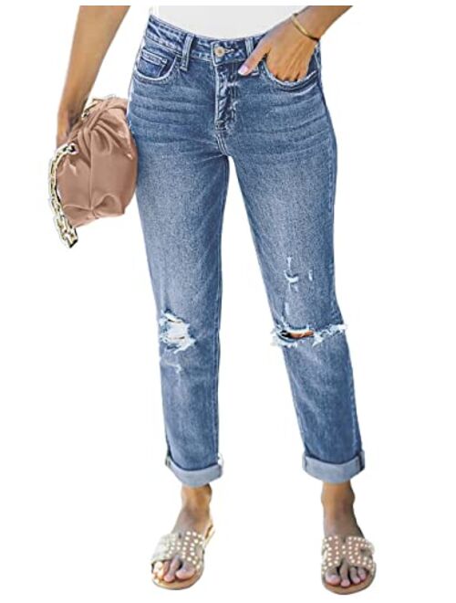 Vetinee Women's High Rise Destroyed Boyfriend Jeans Washed Distressed Ripped Denim Pants