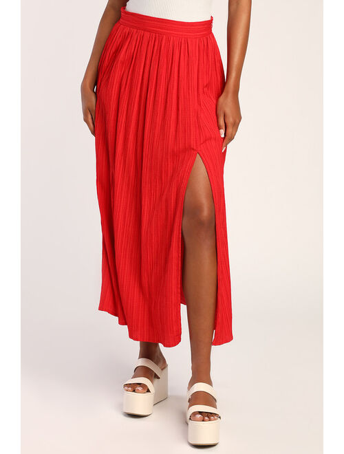 Lulus Midsummer Memories Red Mid-Rise Maxi Skirt