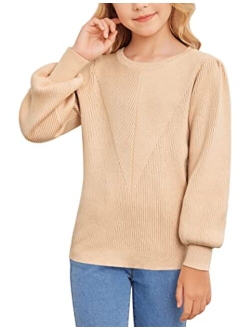 Hopeac Girl's Sweaters Christmas Crewneck Puff Long Sleeve Chunky Knitted Pullover Jumper Warm Winter Clothes