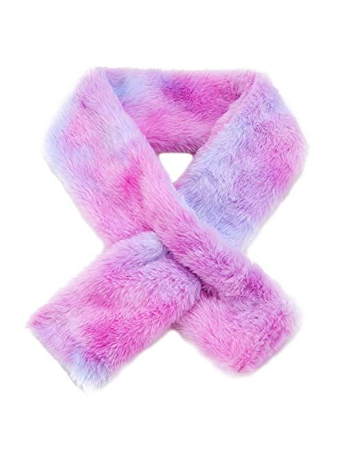 Newfancy Kids Winter Rainbow Scarf Gradient Cross Tie Collar Fluffy Fur Plush Shawl Wrap Neck Warmer for Toddler Girls Boys