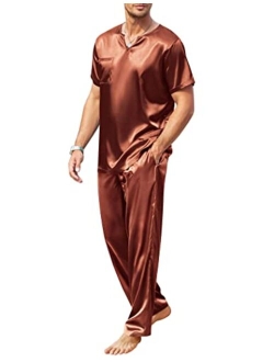 Mens Satin Pajamas Set Silk Button Down 2 Piece PJ Sets Short Sleeve Sleepwear Long Pants with Pockets S-XXL