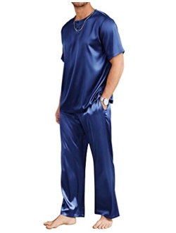 Mens Satin Pajamas Set Silk Button Down 2 Piece PJ Sets Short Sleeve Sleepwear Long Pants with Pockets S-XXL