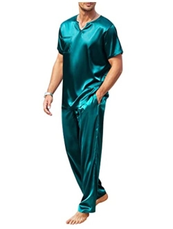 Mens Satin Pajamas Set Silk Button Down 2 Piece PJ Sets Short Sleeve Sleepwear Long Pants with Pockets S-XXL