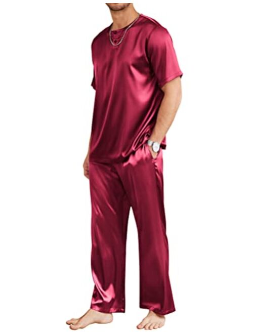 Ekouaer Mens Satin Pajamas Set Silk Button Down 2 Piece PJ Sets Short Sleeve Sleepwear Long Pants with Pockets S-XXL