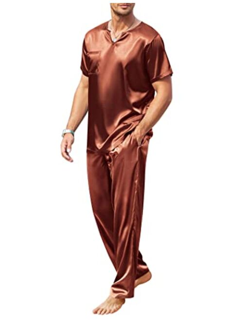 Ekouaer Mens Satin Pajamas Set Silk Button Down 2 Piece PJ Sets Short Sleeve Sleepwear Long Pants with Pockets S-XXL