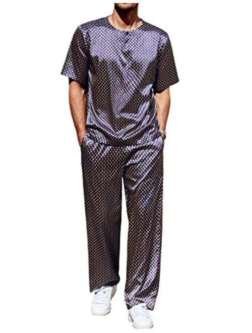 Ekouaer Mens Satin Pajamas Set Silk Button Down 2 Piece PJ Sets Short Sleeve Sleepwear Long Pants with Pockets S-XXL