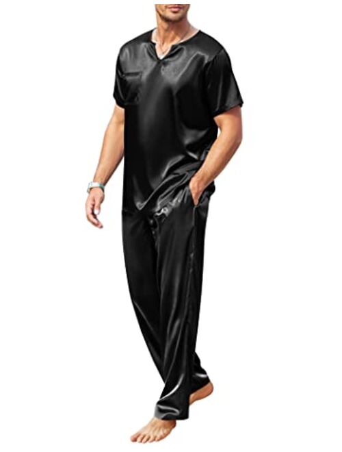 Ekouaer Mens Satin Pajamas Set Silk Button Down 2 Piece PJ Sets Short Sleeve Sleepwear Long Pants with Pockets S-XXL