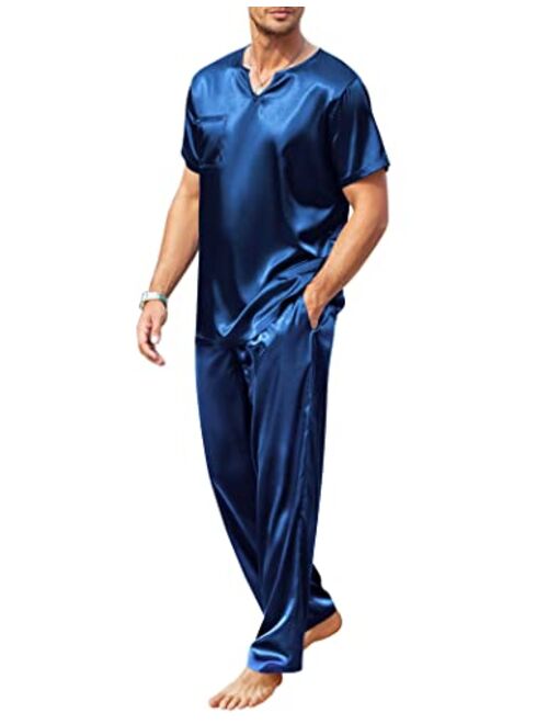 Ekouaer Mens Satin Pajamas Set Silk Button Down 2 Piece PJ Sets Short Sleeve Sleepwear Long Pants with Pockets S-XXL