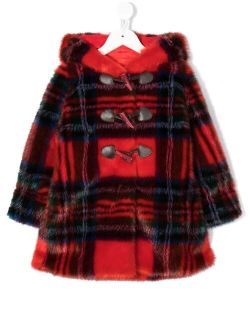 plaid faux-fur coat