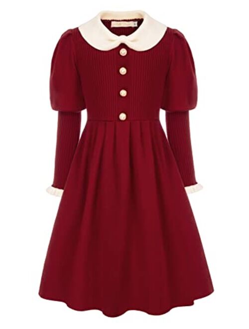 Belle Poque Girls Sweater Dress Peter Pan Collar Fall Winter Dress for Kids 6-12Y