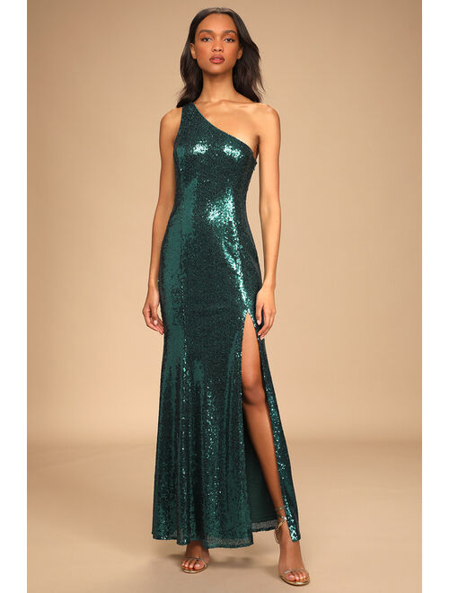 Lulus Capture the Glam Blue Sequin One Shoulder Mermaid Maxi Dress