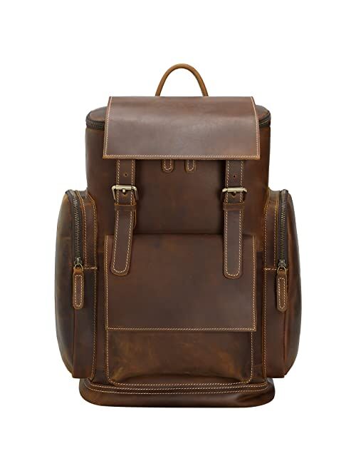 Masa Kawa Leather Backpack for Men 15.6 Inch Laptop Large Capacity Vintage College School Bag Hiking Daypack