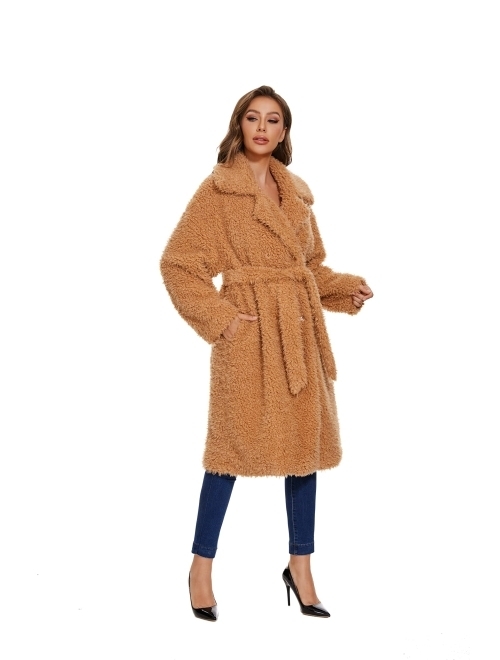 Sugar Poison Women's Fuzzy Fleece Lapel Open Front Long Cardigan Coat With Belt Faux Fur Warm Winter Outwear Jackets With Pockets