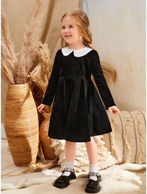 SHEIN Toddler Girls Contrast Collar Velvet Dress