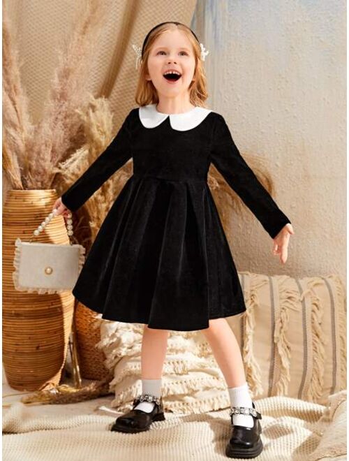 SHEIN Toddler Girls Contrast Collar Velvet Dress