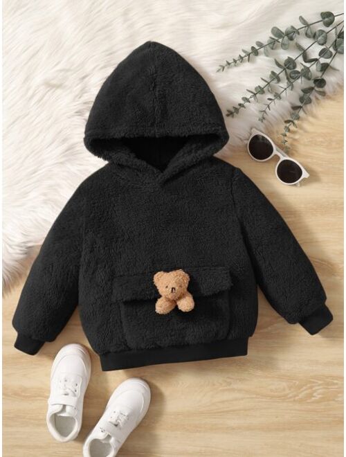 SHEIN Toddler Boys Bear Decor Flannel Hoodie