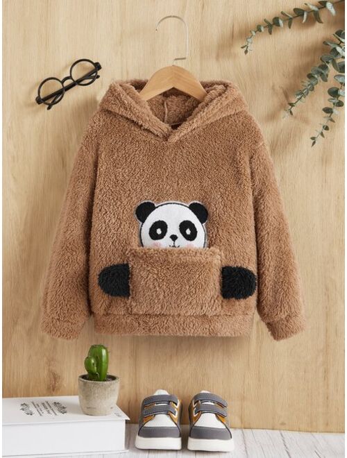 SHEIN Toddler Boys Panda Embroidery 3D Ears Design Coral Fleece Hoodie