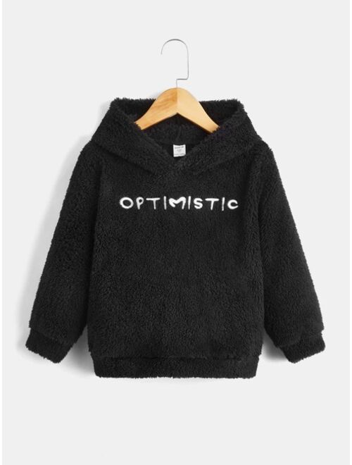 SHEIN Toddler Boys Letter Embroidery Coral Fleece Hoodie