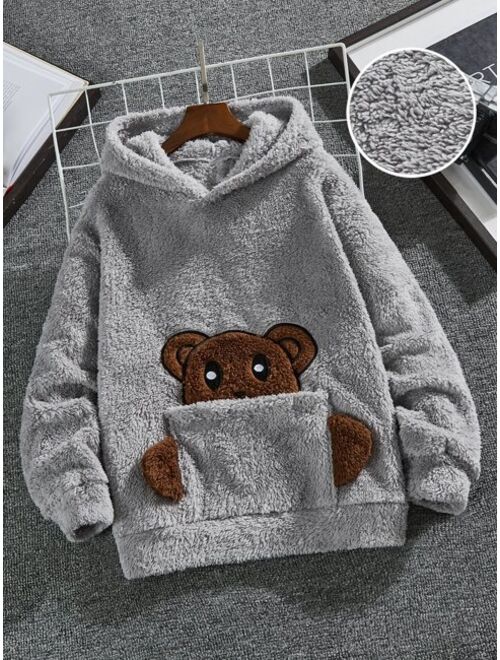 SHEIN Boys Bear Embroidery 3D Ears Design Coral Fleece Hoodie