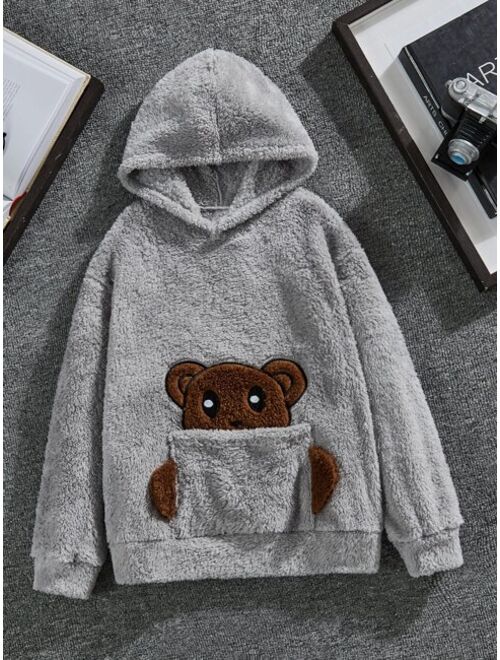 SHEIN Boys Bear Embroidery 3D Ears Design Coral Fleece Hoodie