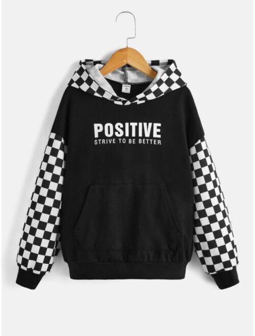 SHEIN Boys Checker Slogan Graphic Drop Shoulder Hoodie