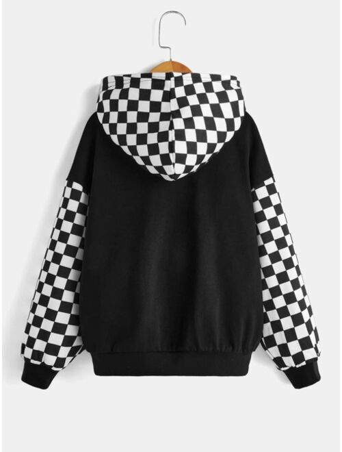 SHEIN Boys Checker Slogan Graphic Drop Shoulder Hoodie