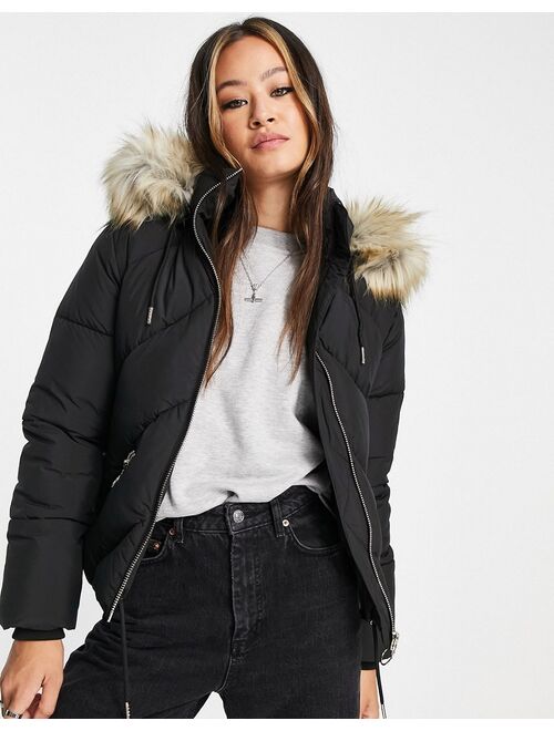 Topshop padded coat with faux fur hood in black