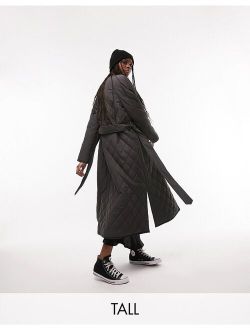 Tall collarless quilted coat in charcoal