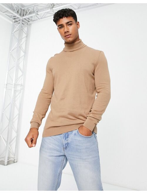 New Look slim fit knit turtle neck sweater in camel