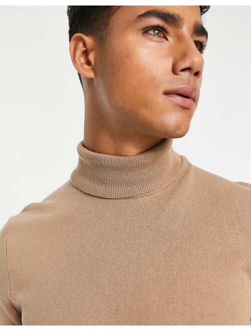 New Look slim fit knit turtle neck sweater in camel