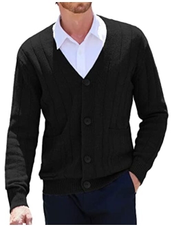 Men's Cardigan Sweater Cable Knit V Neck Button up Sweaters Ribbed Cardigan Sweater with Pockets