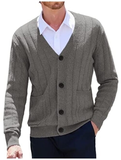 Men's Cardigan Sweater Cable Knit V Neck Button up Sweaters Ribbed Cardigan Sweater with Pockets