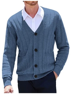 Men's Cardigan Sweater Cable Knit V Neck Button up Sweaters Ribbed Cardigan Sweater with Pockets