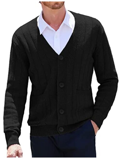 COOFANDY Men's Cardigan Sweater Cable Knit V Neck Button up Sweaters Ribbed Cardigan Sweater with Pockets