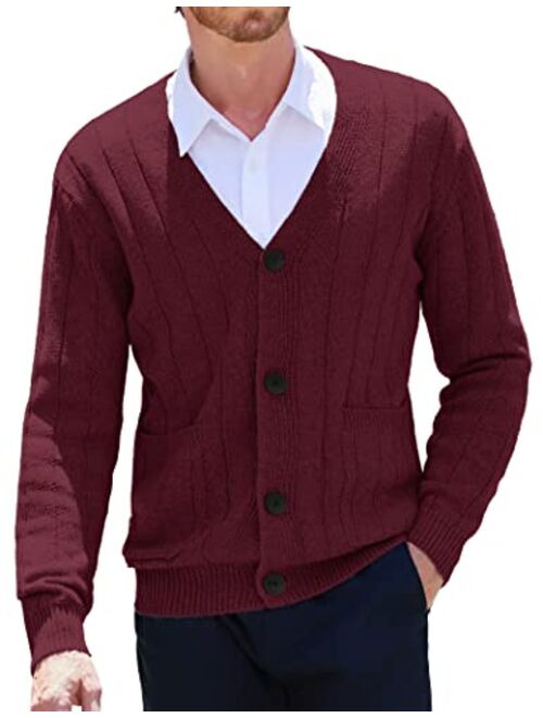 COOFANDY Men's Cardigan Sweater Cable Knit V Neck Button up Sweaters Ribbed Cardigan Sweater with Pockets