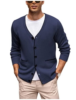 Mens Long Sleeve Cardigan Sweater Slim Fit Button Down V-Neck Knit Sweater with Pockets