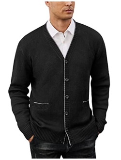 Mens Long Sleeve Cardigan Sweater Slim Fit Button Down V-Neck Knit Sweater with Pockets