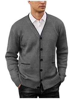 Mens Long Sleeve Cardigan Sweater Slim Fit Button Down V-Neck Knit Sweater with Pockets