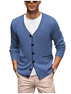 Mens Long Sleeve Cardigan Sweater Slim Fit Button Down V-Neck Knit Sweater with Pockets