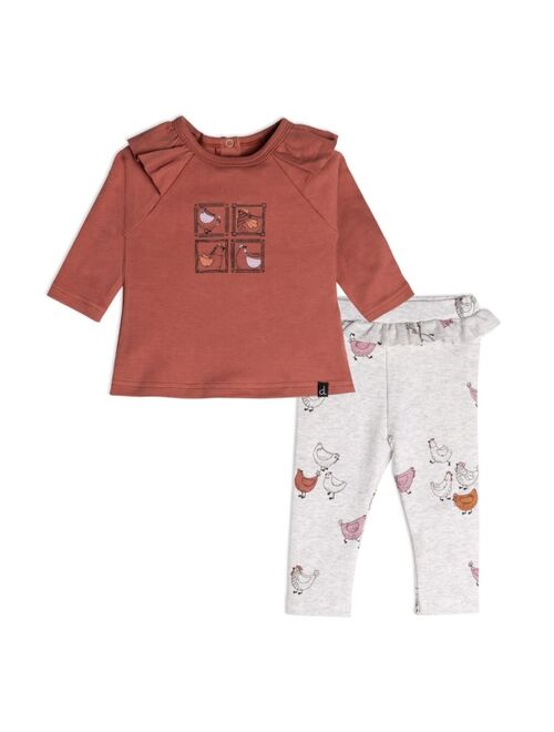 DEUX PAR DEUX Baby Girl Organic Cotton Top And Pant Set Hen Print Rust And Beige - Infant