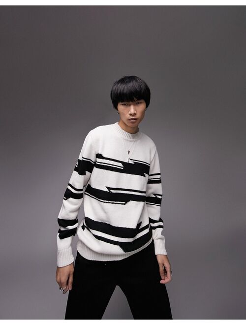 Topman regular knitted crew neck sweater with twisted stripe in mono