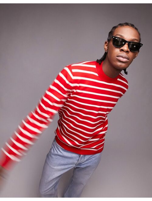 Topman knitted crewneck stripe sweater in red