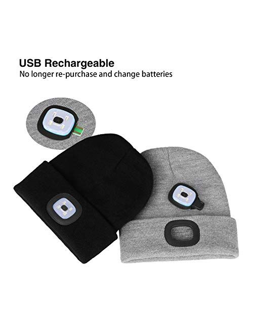 PRAVETTE Unisex Beanie Hat with The Light Gifts for Women Men Dad Father USB Rechargeable Hand-Free 4 LED Headlamp Cap A-Black