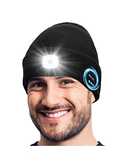 Daifferchoi Bluetooth Beanie Hat with Light, USB Rechargeable Winter Knitted Cap with Headphones & Mic, Gifts for Men Women