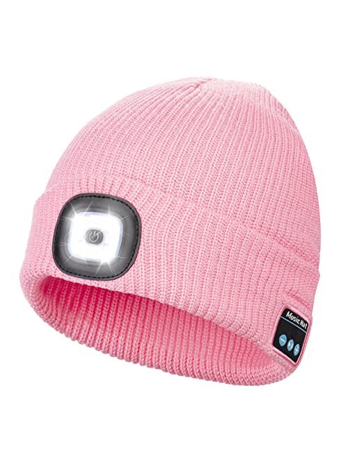 Daifferchoi Bluetooth Beanie Hat with Light, USB Rechargeable Winter Knitted Cap with Headphones & Mic, Gifts for Men Women