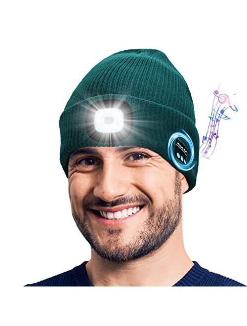 Daifferchoi Bluetooth Beanie Hat with Light, USB Rechargeable Winter Knitted Cap with Headphones & Mic, Gifts for Men Women