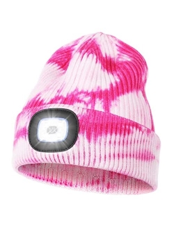 Melasa Unisex Beanie Hat with Light, USB Rechargeable Hands Free LED Headlamp Hat, Knitted Night Light Beanie Cap Flashlight Hat, Men Gifts for Dad Father Husband (Pink)