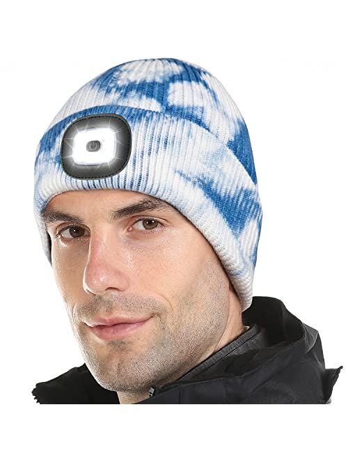 Tutuko LED Beanie with Light, Gifts for Men Women Dad Him, USB Rechargeable Lighted Cap 4 LED Headlamp Hat, Unisex Warm Winter Knitted LED Hat with Flashlight