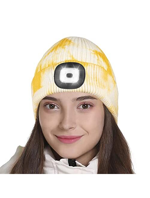 Tutuko LED Beanie with Light, Gifts for Men Women Dad Him, USB Rechargeable Lighted Cap 4 LED Headlamp Hat, Unisex Warm Winter Knitted LED Hat with Flashlight